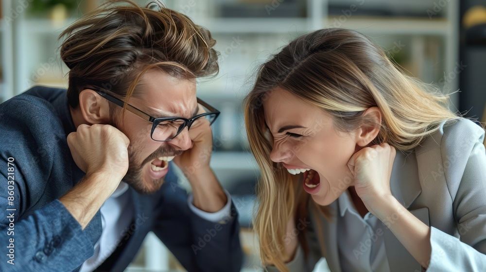 Office Conflict: Business Colleagues Arguing and Yelling, Businesswoman Overwhelmed by Loud Superior's Abuse Office Conflict: Business Colleagues Arguing and Yelling, Businesswoman Overwhelmed by Loud Superior's Abuse