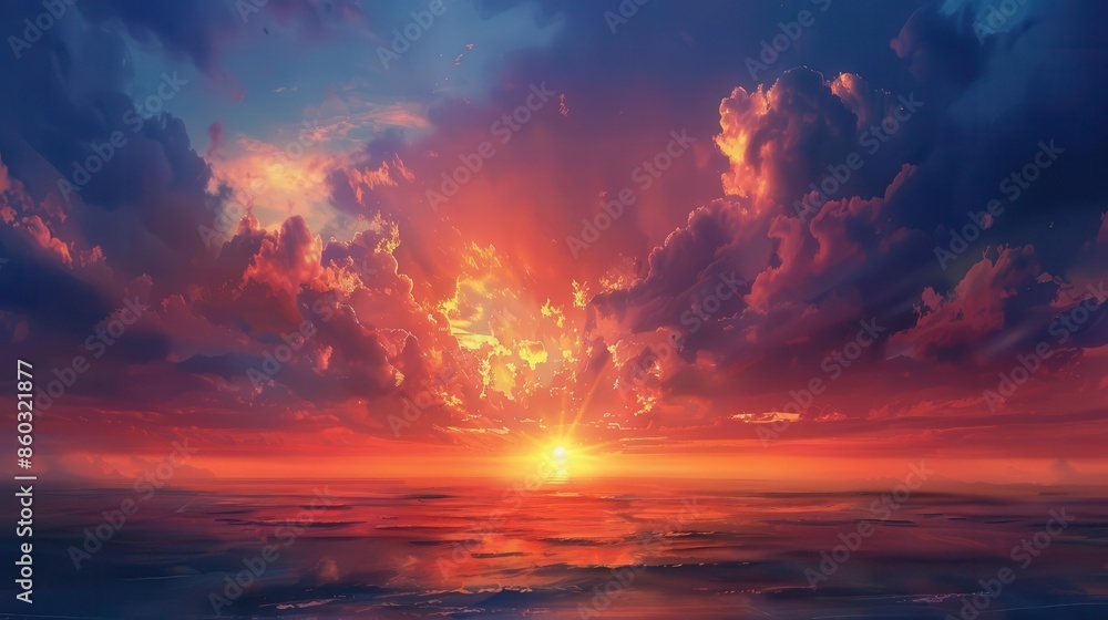 Fototapeta premium majestic sunset or sunrise landscape dramatic sky digital art illustration