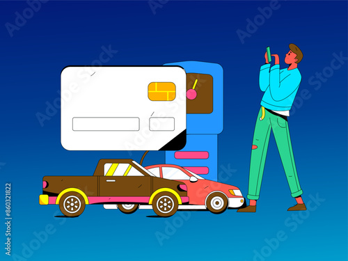 Vector Internet operation hand-drawn illustration of people getting discounts for refueling their cars
