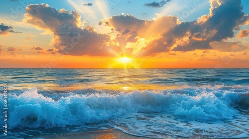 majestic sunrise over tranquil ocean waves golden rays emerging from horizon at dawn