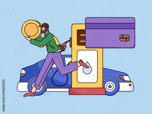 Vector Internet operation hand-drawn illustration of people getting discounts for refueling their cars
