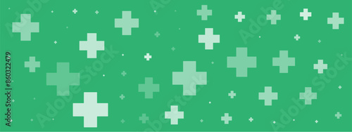White plus symbols of different sizes and opacity on green background. Abstract pattern of medical cross or mathematical plus pictogram. Vector illustration on cyan background with stars