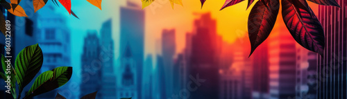 A city skyline with a leafy background