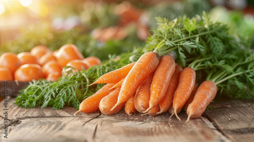 A bunch of freshly harvested carrots on a wooden surface. A bunch of freshly harvested carrots on a wooden surface.