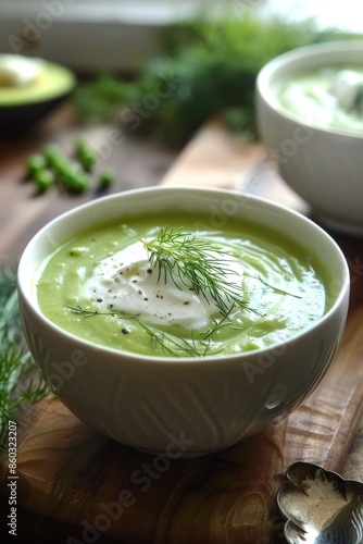 Chilled Avocado and Green Pea Soup with Greek Yogurt and Fresh Dill Garnish - Perfect Summer Recipe