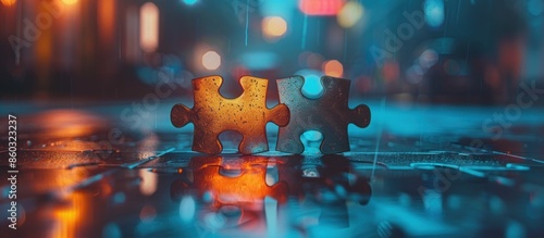 Two puzzle pieces are on a wet surface, reflecting the light