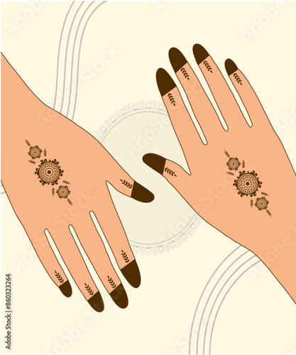 Minimal Henna Vector Hands Illustration, Eastern Traditional Indian Henna Mehndi style Floral Ornaments and Mandalas Vector Illustration,Woman Hands Decorated with Indian Pattern Mehndi Style Tattoo