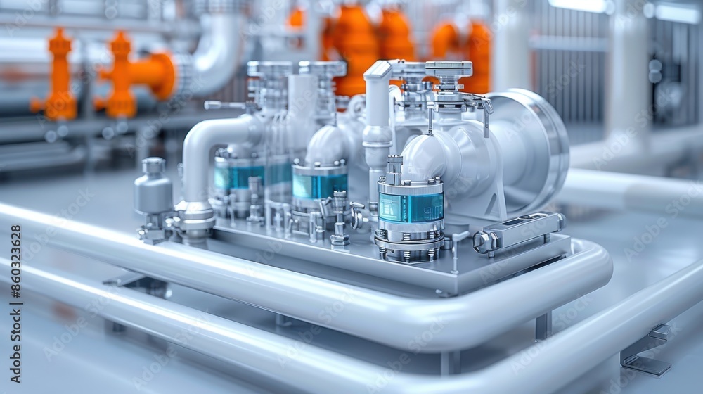 Close-up of industrial machinery in a modern factory. Metal pipes and valves are intricately configured, highlighting precision engineering and technology. Close-up of industrial machinery in a modern factory. Metal pipes and valves are intricately configured, highlighting precision engineering and technology.