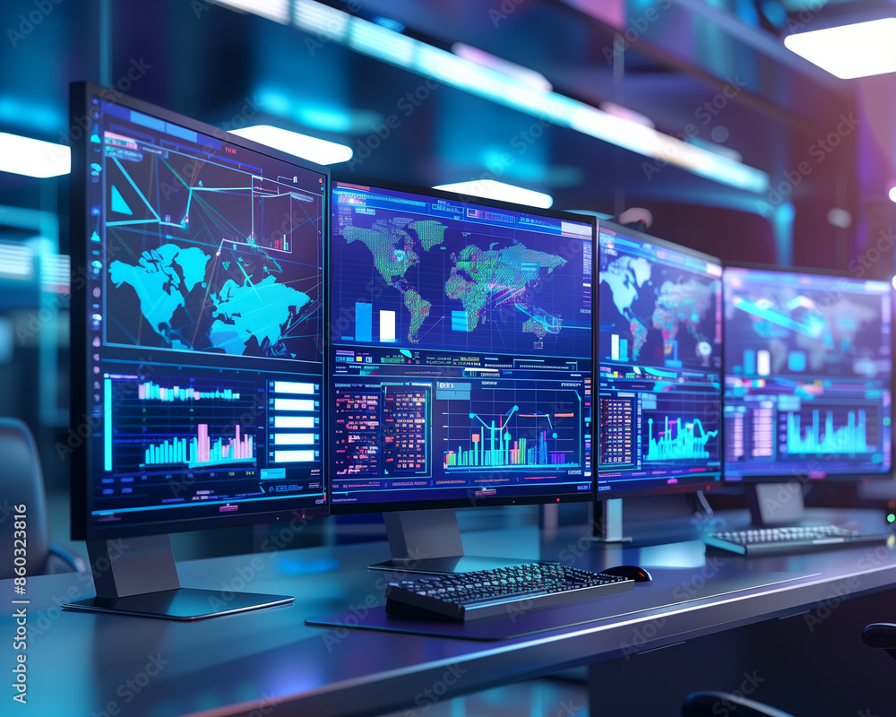modern cybersecurity operations center with multiple monitors displaying real-time analytics and global network data modern cybersecurity operations center with multiple monitors displaying real-time analytics and global network data