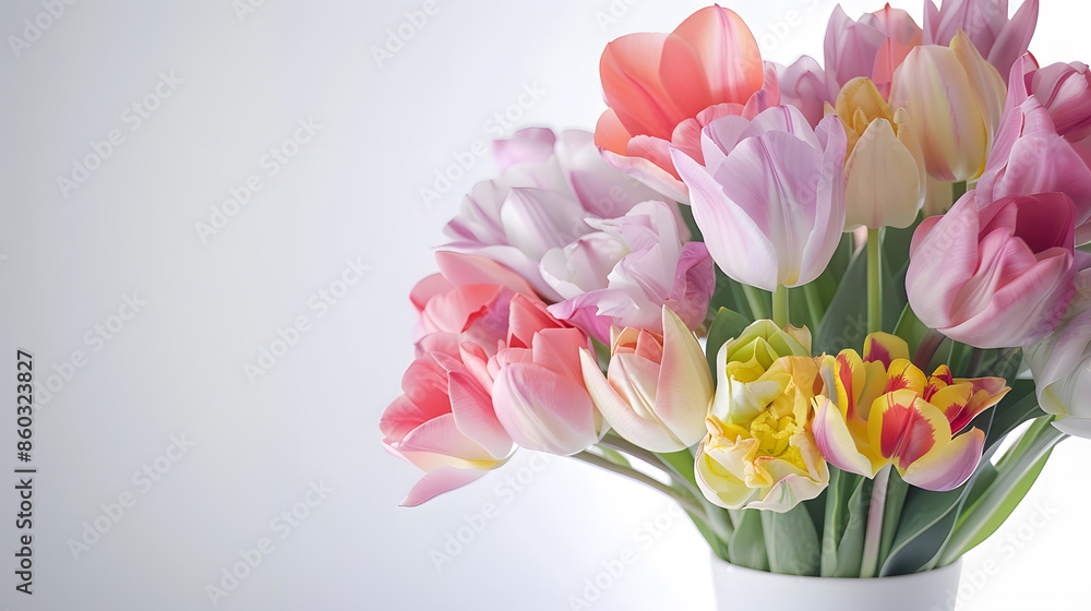 Fototapeta premium Elegant mixed pastel colored spring bouquet in white vase on white background Spring flowers Tulips bouquet : Generative AI