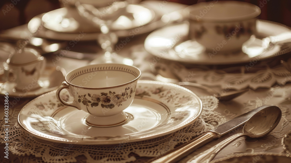 Fototapeta premium Thanksgiving table adorned with vintage floral , antique silverware, Vintage, Sepia tones, Nostalgic and elegant, 