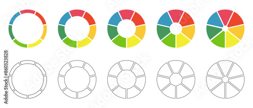 Donut charts set, pies segmented on 7 equal parts. Diagrams infographic multicolored collection. Wheels divided in seven sections. Circle section graph. Pie, pizza chart round icons. Loading bar.