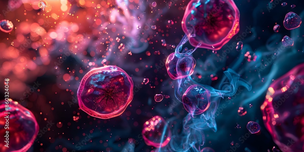 Visualizing Cellular Division in 3D with Dark Background for Cellular Therapy. Concept Cellular Therapy, 3D Visualization, Dark Background, Cellular Division, Medical Technology Visualizing Cellular Division in 3D with Dark Background for Cellular Therapy. Concept Cellular Therapy, 3D Visualization, Dark Background, Cellular Division, Medical Technology