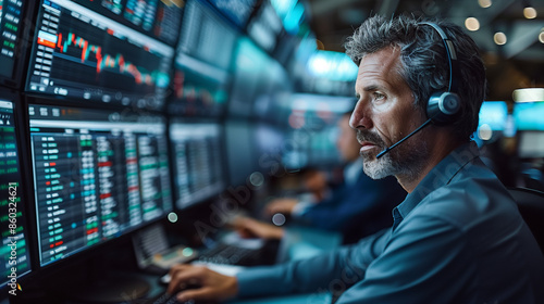 focused trader analyzing financial data on multiple screens in a high-tech stock exchange trading room