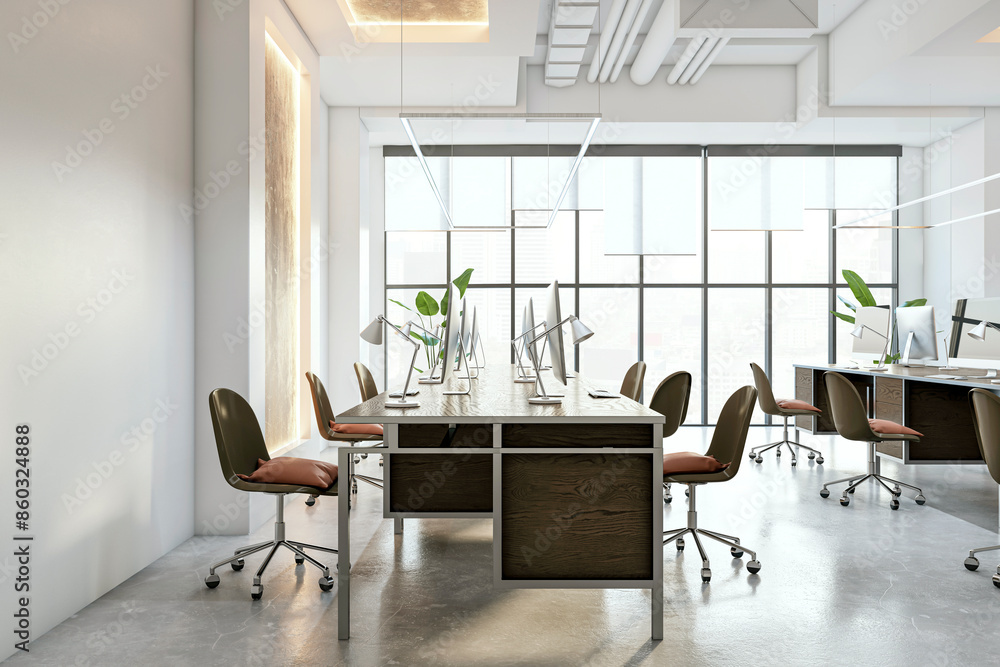 Fototapeta premium A modern office interior with desks, chairs, and computers, a minimalist style on a cityscape background, concept of a workplace. 3D Rendering
