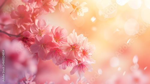 Horizontal banner with sakura flowers of pink color on sunny backdrop Beautiful nature spring background with a branch of blooming sakura Sakura blossoming season in Japan : Generative AI © Generative AI