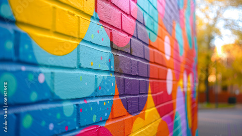 Colorful mural on a brick wall in an urban setting.
