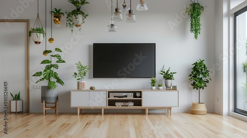 minimalist scandinavian living room interior with tv cabinet and decor 3d rendering