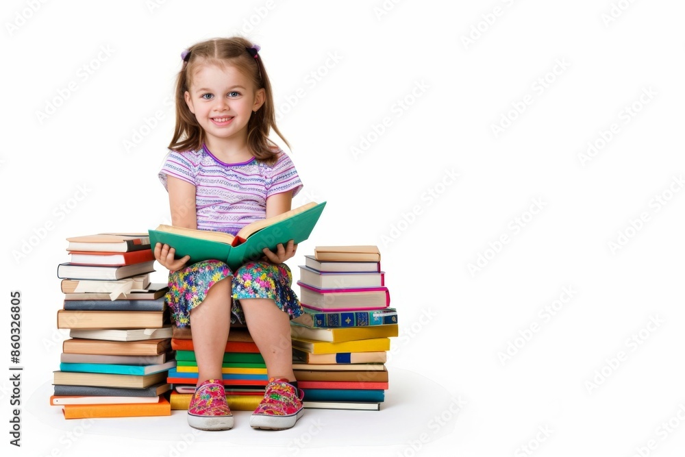 Cheerful Young Girl Reading a Book Seated on Colorful Pile of Books Isolated on White Background Cheerful Young Girl Reading a Book Seated on Colorful Pile of Books Isolated on White Background