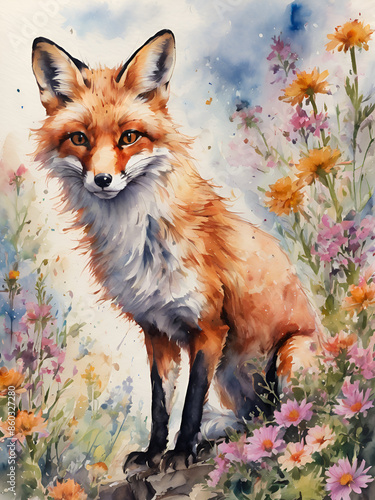 Watercolor logo painting of red fox in the forest for T-shirt 