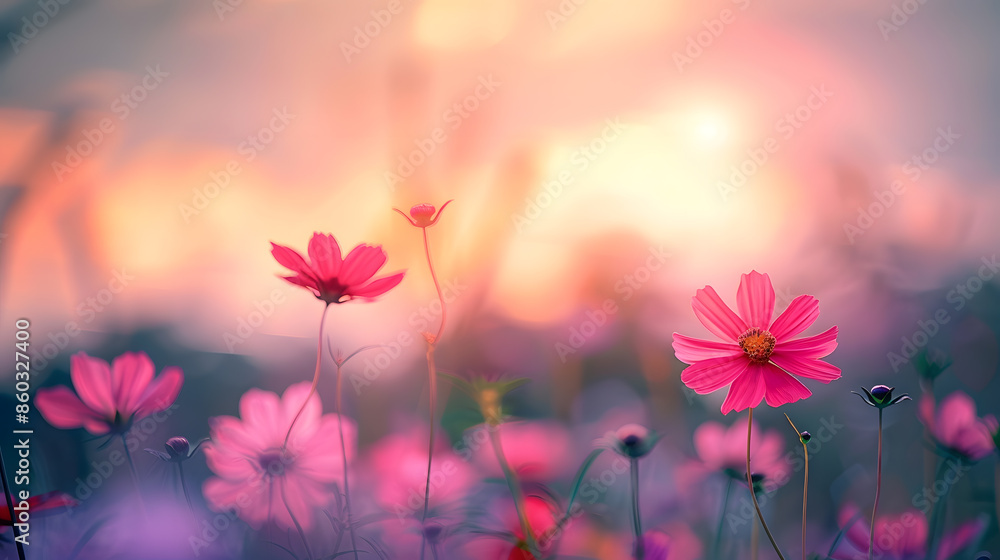 Landscape nature background of beautiful pink and red cosmos flower field on sunset : Generative AI Landscape nature background of beautiful pink and red cosmos flower field on sunset : Generative AI