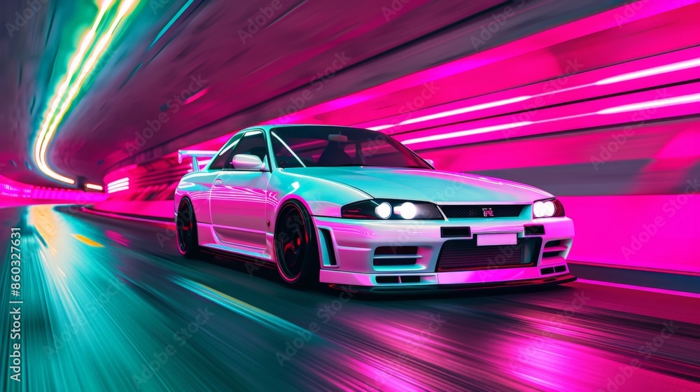 Vibrant Neon Tunnel Illuminates Speeding Sports Car in Dynamic Motion Vibrant Neon Tunnel Illuminates Speeding Sports Car in Dynamic Motion