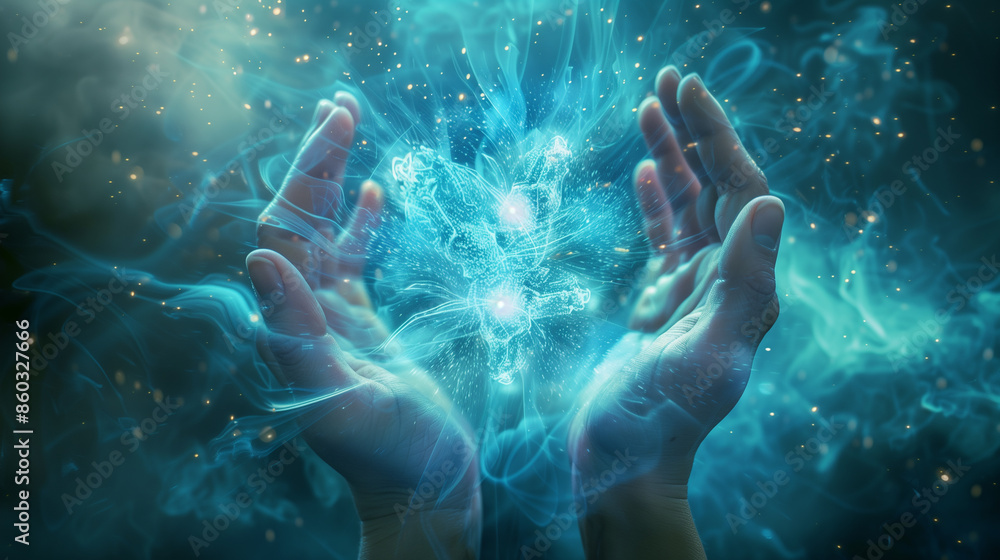 A hand is holding a blue orb in the air. Concept of wonder and mystery A hand is holding a blue orb in the air. Concept of wonder and mystery