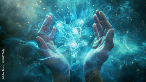 A hand is holding a blue orb in the air. Concept of wonder and mystery