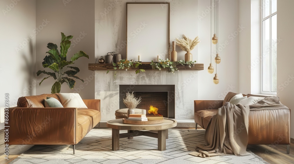 Fototapeta premium modern farmhouse living room interior with minimal decor brown leather sofa and raw wood fireplace mantel 3d render