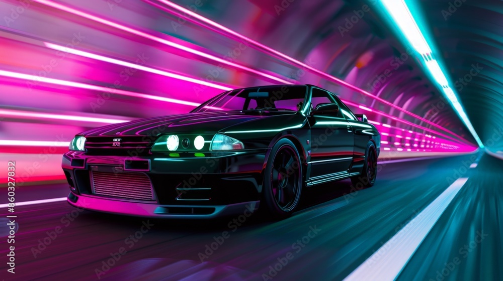 Futuristic Black Sports Car Speeding Through Neon Light Tunnel Futuristic Black Sports Car Speeding Through Neon Light Tunnel