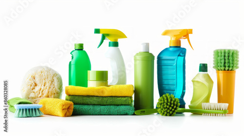 Cleaning Supplies: Supplies for keeping work areas clean and tidy isolated on white background photo