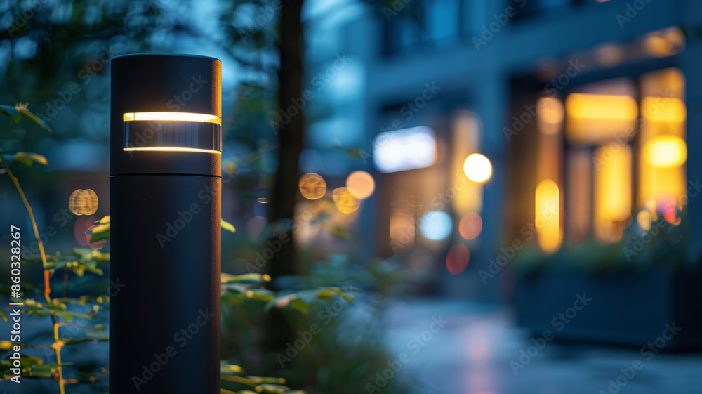 Modern lamp post glowing in an urban setting during evening hours. Modern lamp post glowing in an urban setting during evening hours.