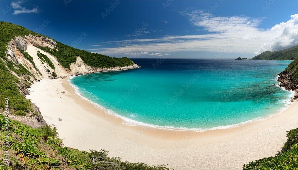Obraz premium A beach with white sand and turquoise water.