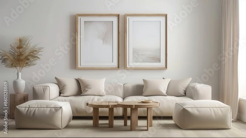 modern minimalist living room warm inviting interior with framed art and comfortable furniture 3d rendering