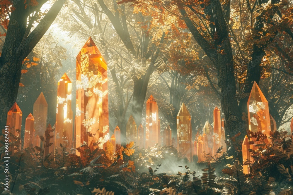 Obraz premium A forest of trees with crystals on the ground, symbolizing the crystallization of natural creativity.