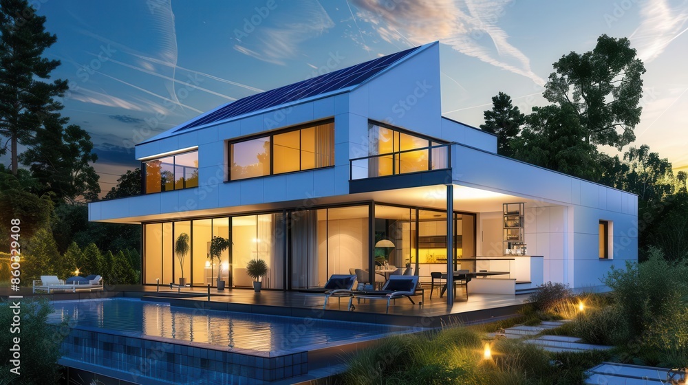 Fototapeta premium modern white villa with solar panels on roof beautiful night view sustainable luxury real estate 3d exterior rendering