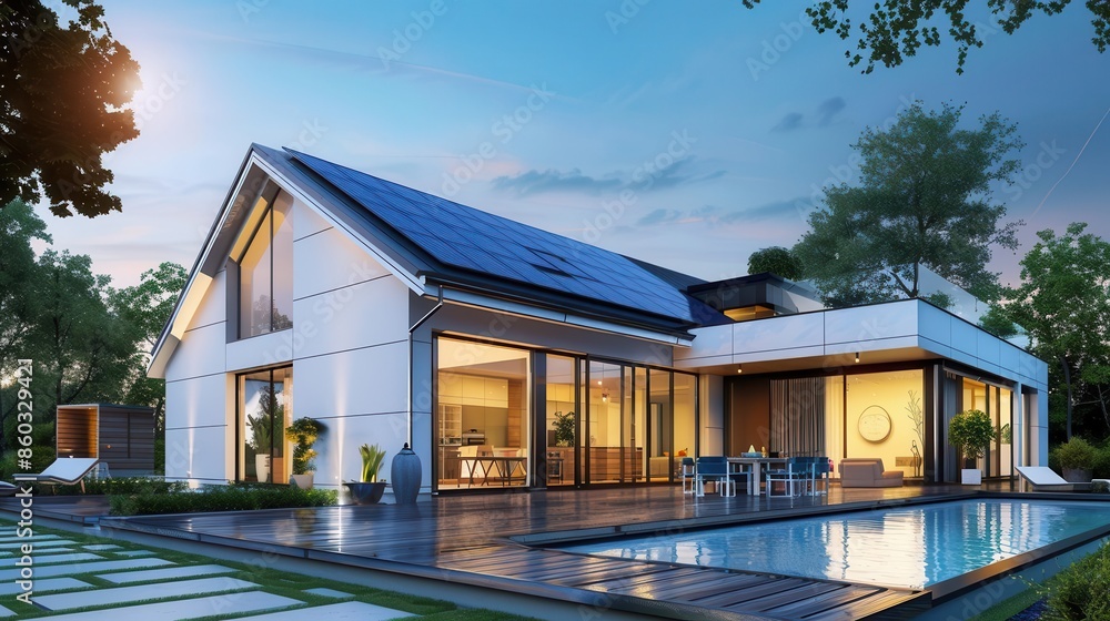 modern white villa with solar panels on roof beautiful night view sustainable luxury real estate 3d exterior rendering modern white villa with solar panels on roof beautiful night view sustainable luxury real estate 3d exterior rendering