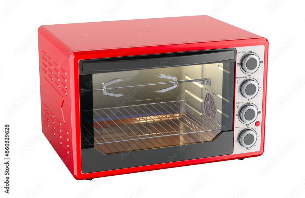 Fototapeta premium Red Convection Toaster Oven with Rotisserie and Grill, 3D rendering isolated on transparent background