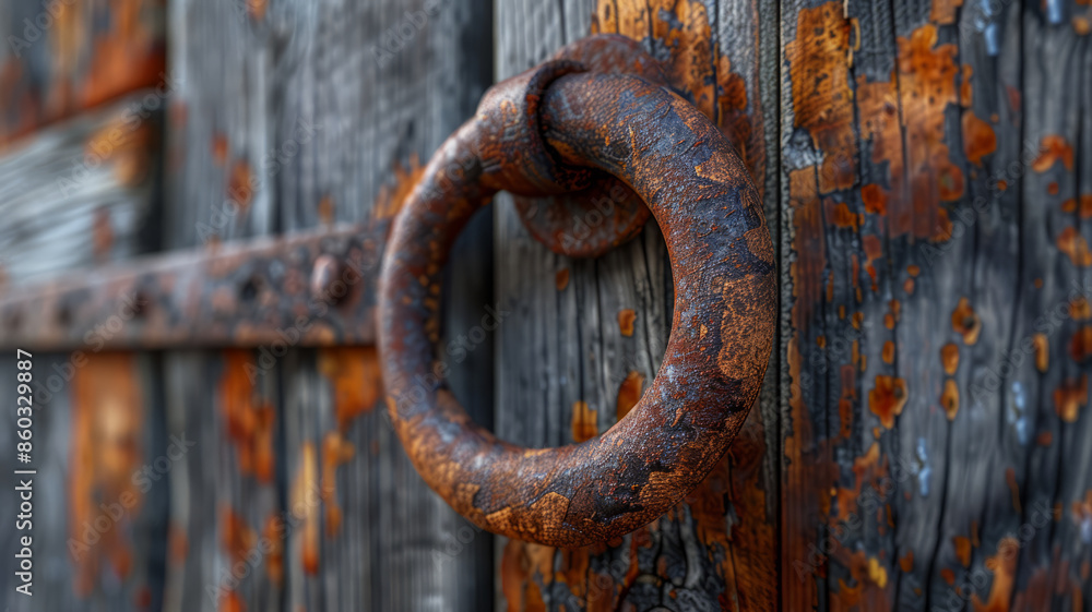 Close-up of a rusty ring on weathered wooden boards. Close-up of a rusty ring on weathered wooden boards.