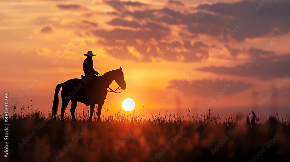 A captivating silhouette of a cowboy on horseback set against a breathtaking sunset sky