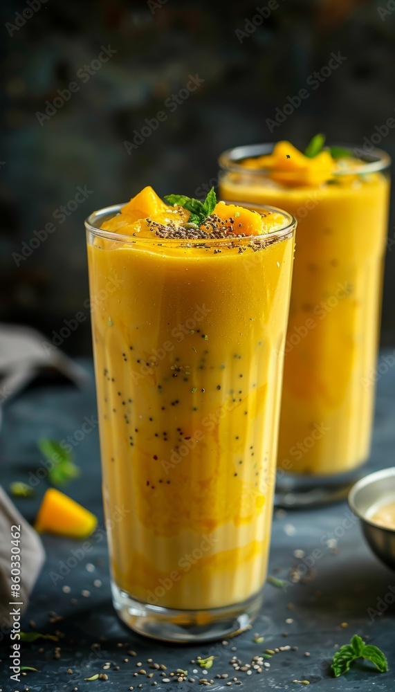 Refreshing Mango Lassi in Tall Glass with Yogurt Swirl and Cardamom Garnish Refreshing Mango Lassi in Tall Glass with Yogurt Swirl and Cardamom Garnish