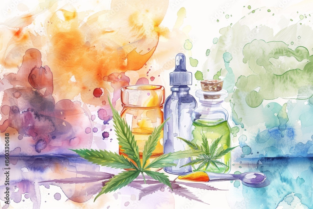 cbd hemp oil natural cosmetics watercolor illustration, CBD or CBG shop ad poster cbd hemp oil natural cosmetics watercolor illustration, CBD or CBG shop ad poster