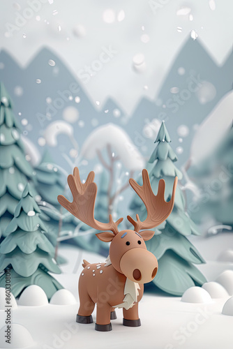 Cute Cartoon Moose in the Falling Snow. Holiday Christmas Greeting Card Background