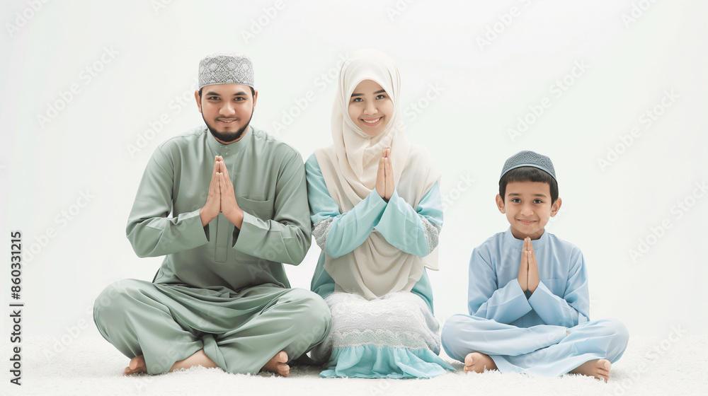 Family in traditional Islamic attire making a prayer gesture Family in traditional Islamic attire making a prayer gesture