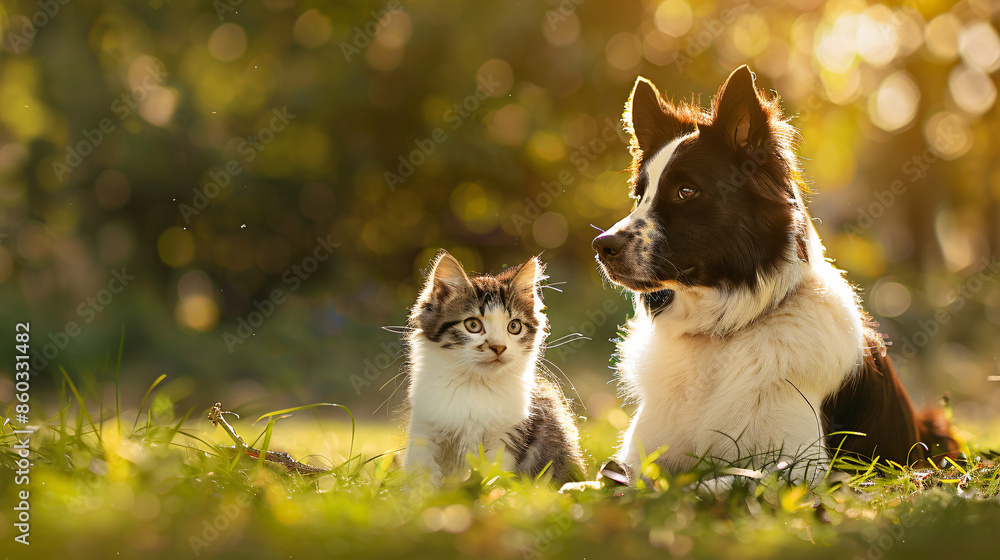 A cute couple of furry friends little cat and a little dog playing together in the garden on a beautiful sunny day A cute couple of furry friends little cat and a little dog playing together in the garden on a beautiful sunny day