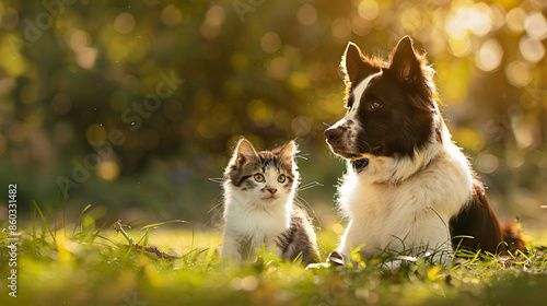 A cute couple of furry friends little cat and a little dog playing together in the garden on a beautiful sunny day