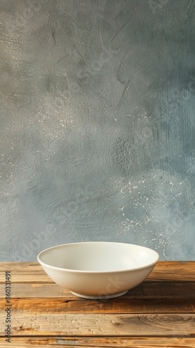 White bowl on a weathered wooden table, empty, symbolizing simplicity, minimalism, kitchen, rustic decor