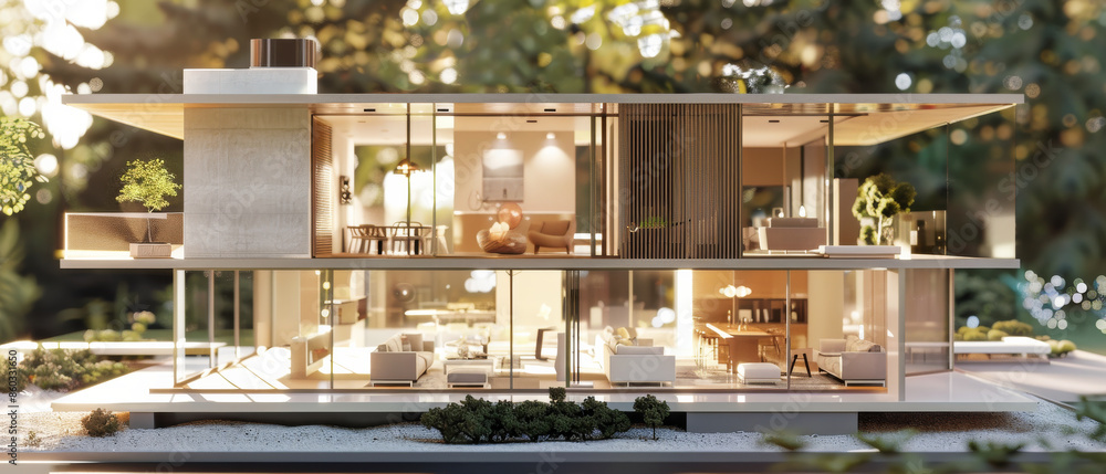 A modern, open-plan house with floor-to-ceiling windows and tasteful interior design, bathed in warm ambient light, set amidst lush greenery. A modern, open-plan house with floor-to-ceiling windows and tasteful interior design, bathed in warm ambient light, set amidst lush greenery.