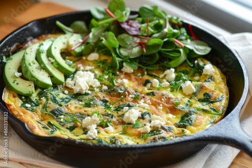 Delicious Avocado and Spinach Frittata with Feta Cheese in Cast Iron Skillet for Brunch and Health