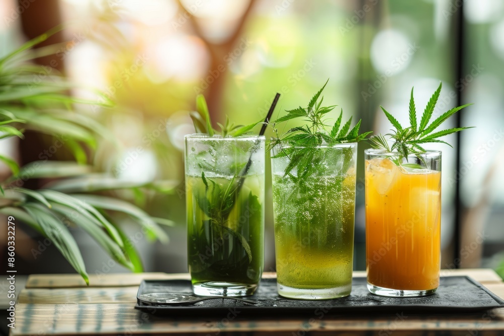 Fototapeta premium hemp cbd summer cocktails at bar, growing trend of Cannabigerol (CBG) in the wellness industry trendy cafe or health store offering CBG infused beverage